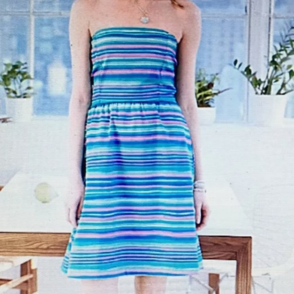 Garnet Hill Strapless Halter Dress Size 12 Multi-Color Stripes Pockets Lined